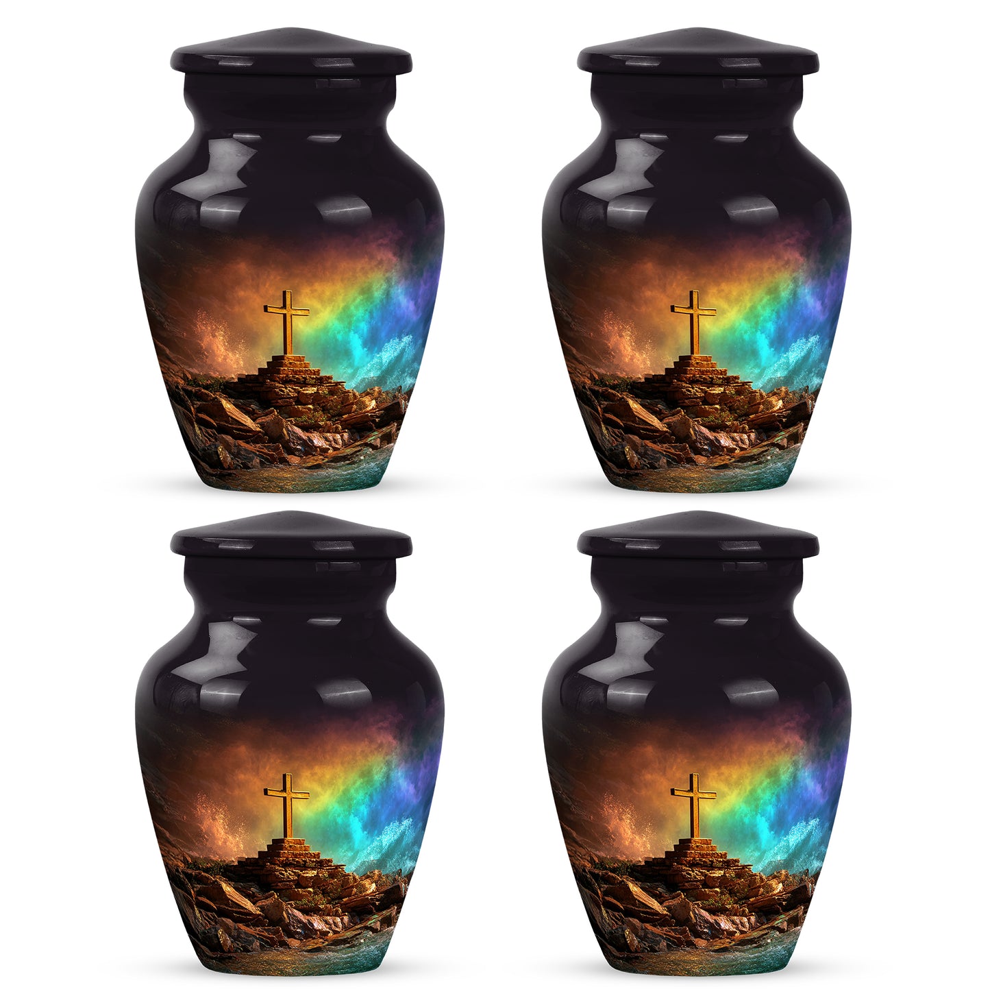 Dark Black Cross Cremation Urn side profile showing urn shape - elegant classic cross relief with fine detailing - 10 inch aluminum urn for cremated remains