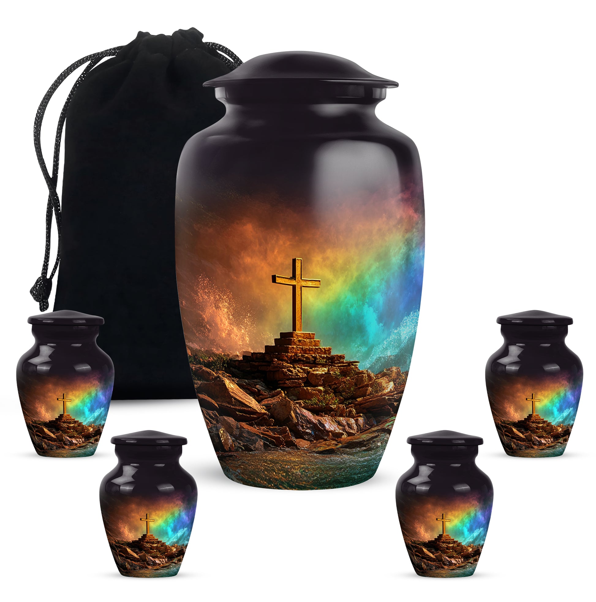 Jet Black Cross Cremation Urn top-down view of secure threaded lid - classic sculpted cross pattern on smooth aluminum - memorial set with one large and four small urns