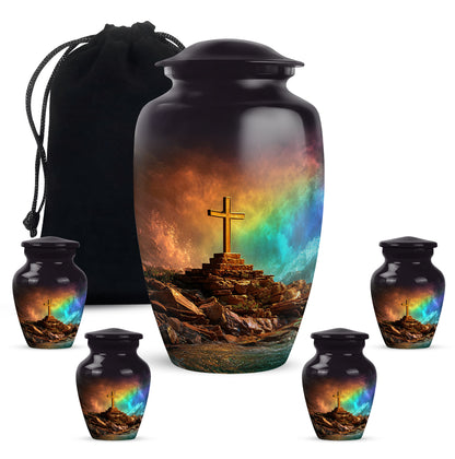 Jet Black Cross Cremation Urn top-down view of secure threaded lid - classic sculpted cross pattern on smooth aluminum - memorial set with one large and four small urns