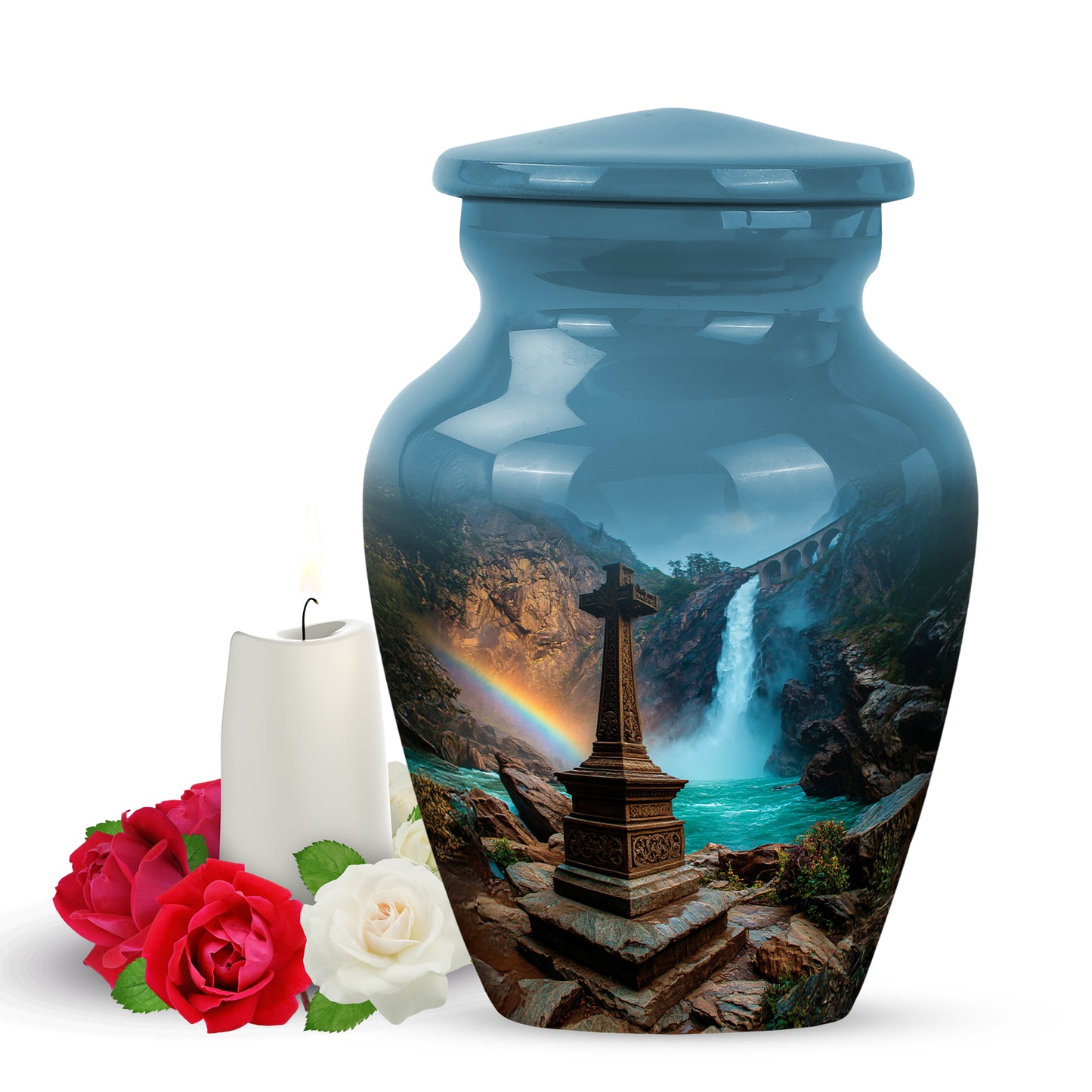 Personalized Blue Steadfast Cross Cremation Urns for Human Ashes - 10-inch, 200 cu in - Yatskia