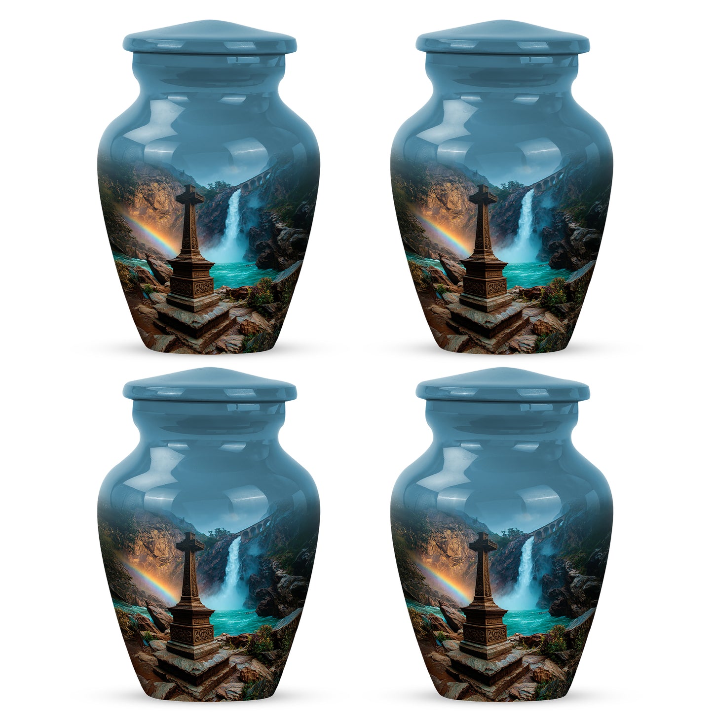 Azure Cross Cremation Urn side profile showing urn shape - classic sculpted cross pattern on smooth aluminum - 10 inch aluminum urn for cremated remains