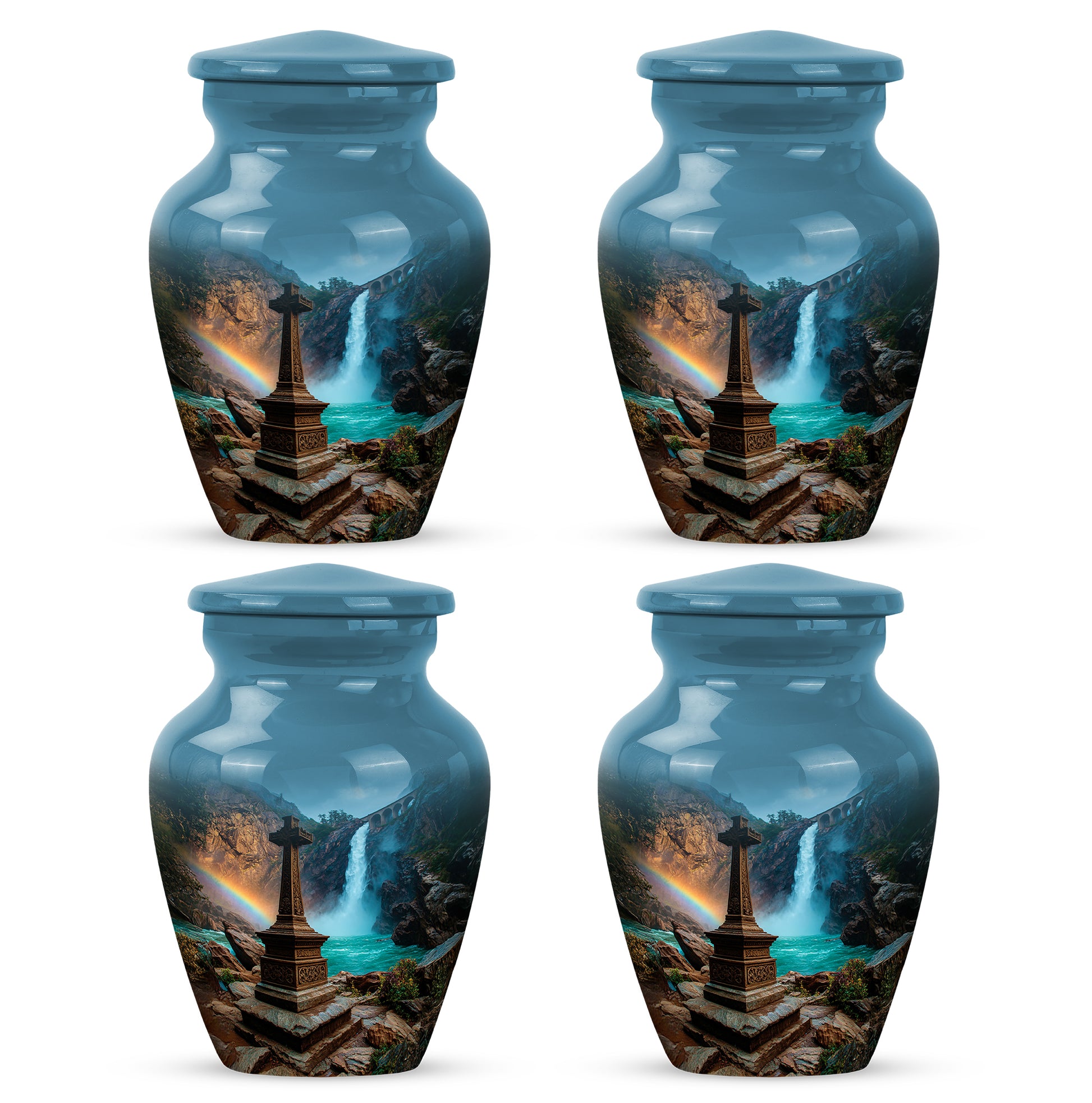 Azure Cross Cremation Urn side profile showing urn shape - classic sculpted cross pattern on smooth aluminum - 10 inch aluminum urn for cremated remains