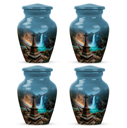 Azure Cross Cremation Urn side profile showing urn shape - classic sculpted cross pattern on smooth aluminum - 10 inch aluminum urn for cremated remains