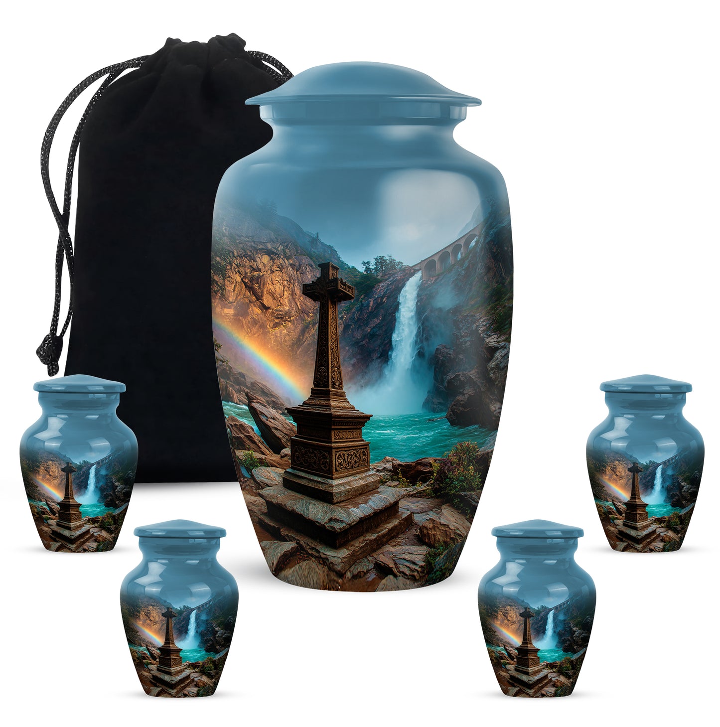 Cornflower Blue Cross Cremation Urn top-down view of secure threaded lid - elegant classic cross relief with fine detailing - memorial set with one large and four small urns