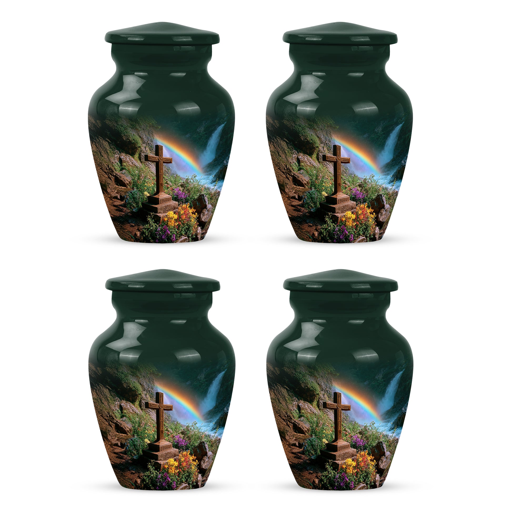 Hunter Green Cross Cremation Urn side profile showing urn shape - traditional cross engraving with hand-polished finish - 10 inch aluminum urn for cremated remains