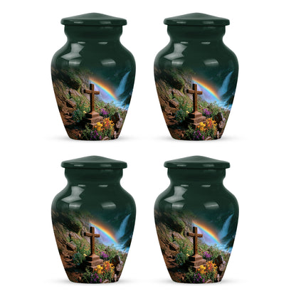 Hunter Green Cross Cremation Urn side profile showing urn shape - traditional cross engraving with hand-polished finish - 10 inch aluminum urn for cremated remains