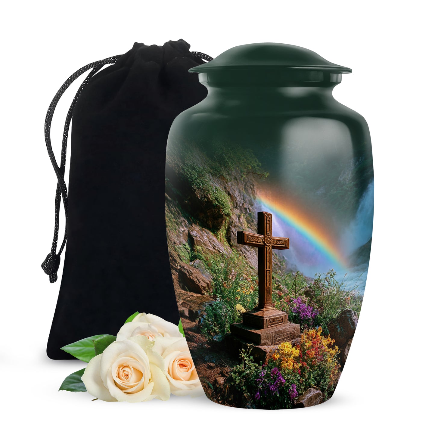 Pine Green Cross Cremation Urn angled view of lid and engraved motif - elegant classic cross relief with fine detailing - full-size 10 inch 200 cubic inch adult cremation urn