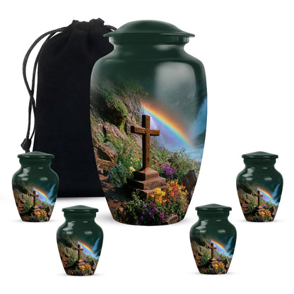 Mint Green Cross Cremation Urn top-down view of secure threaded lid - elegant classic cross relief with fine detailing - memorial set with one large and four small urns