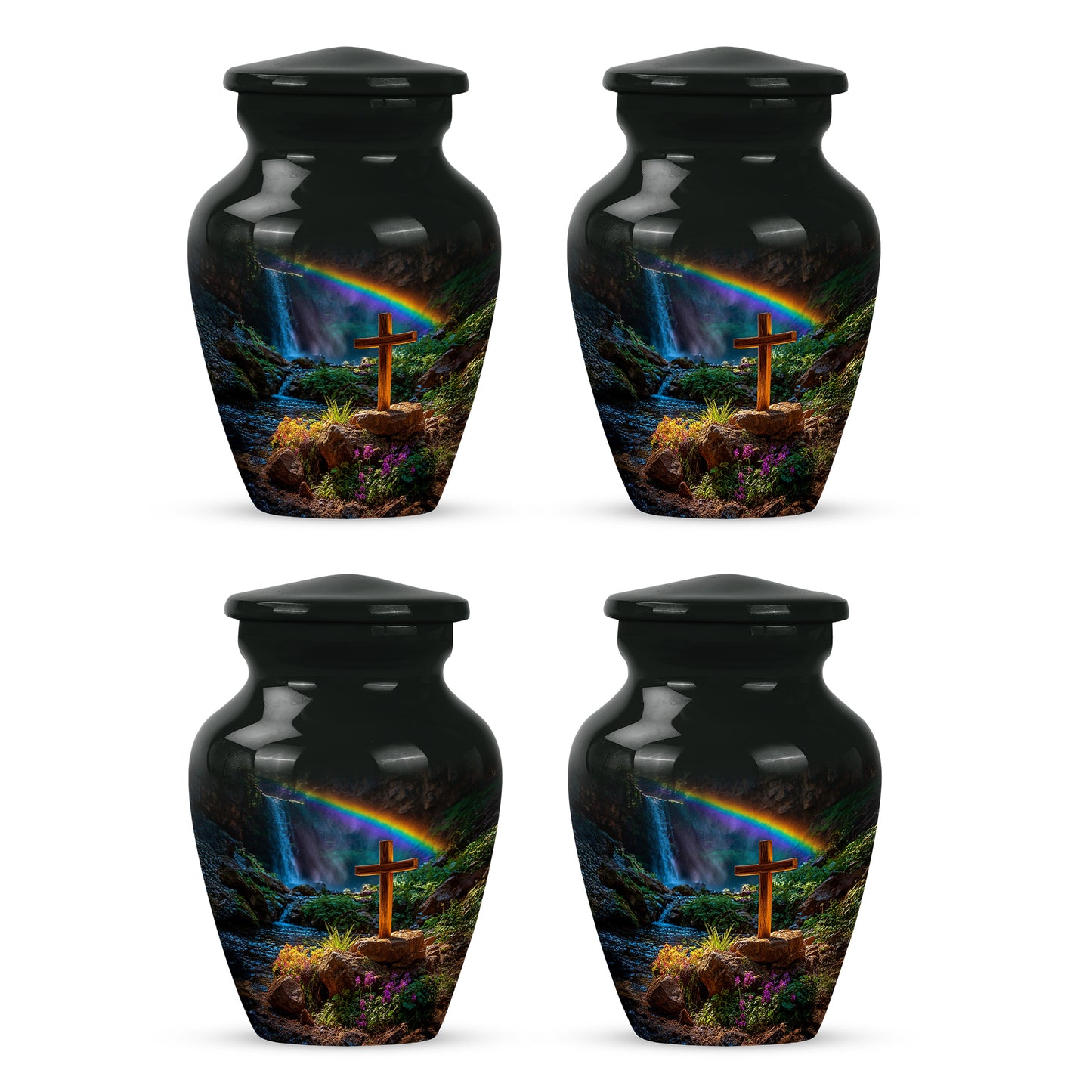 Onyx Black Cross Cremation Urn side profile showing urn shape - traditional cross engraving with hand-polished finish - 10 inch aluminum urn for cremated remains