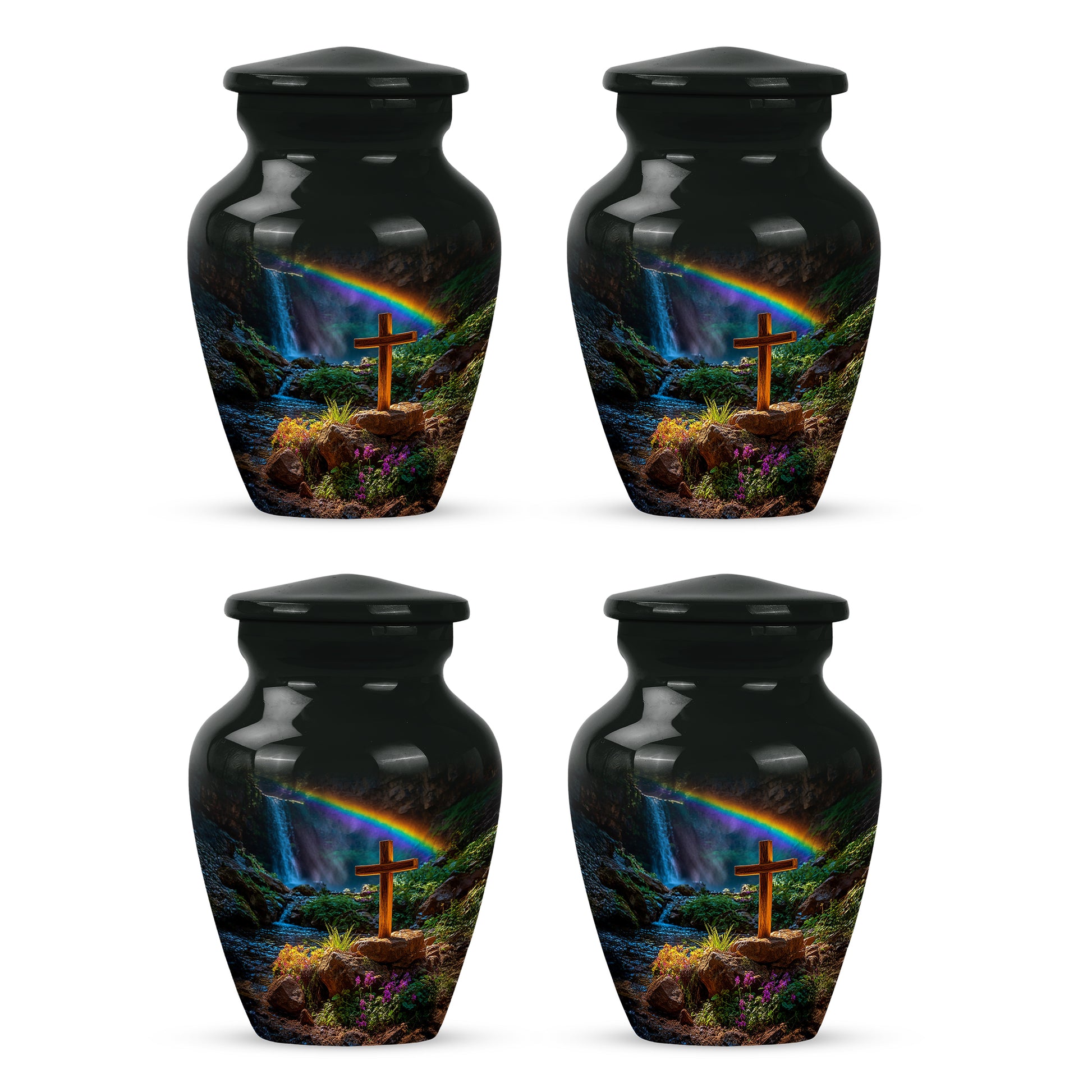 Onyx Black Cross Cremation Urn side profile showing urn shape - traditional cross engraving with hand-polished finish - 10 inch aluminum urn for cremated remains