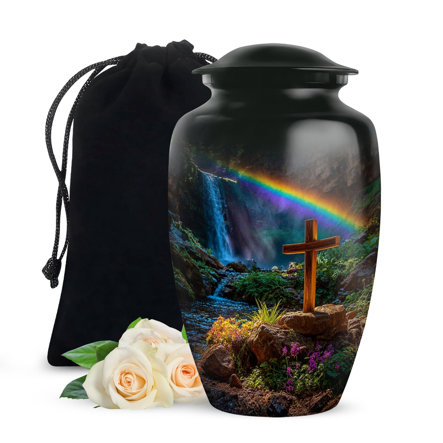 Rich Black Cross Cremation Urn angled view of lid and engraved motif - classic sculpted cross pattern on smooth aluminum - full-size 10 inch 200 cubic inch adult cremation urn