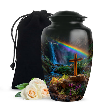 Rich Black Cross Cremation Urn angled view of lid and engraved motif - classic sculpted cross pattern on smooth aluminum - full-size 10 inch 200 cubic inch adult cremation urn