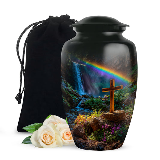Rich Black Cross Cremation Urn angled view of lid and engraved motif - classic sculpted cross pattern on smooth aluminum - full-size 10 inch 200 cubic inch adult cremation urn