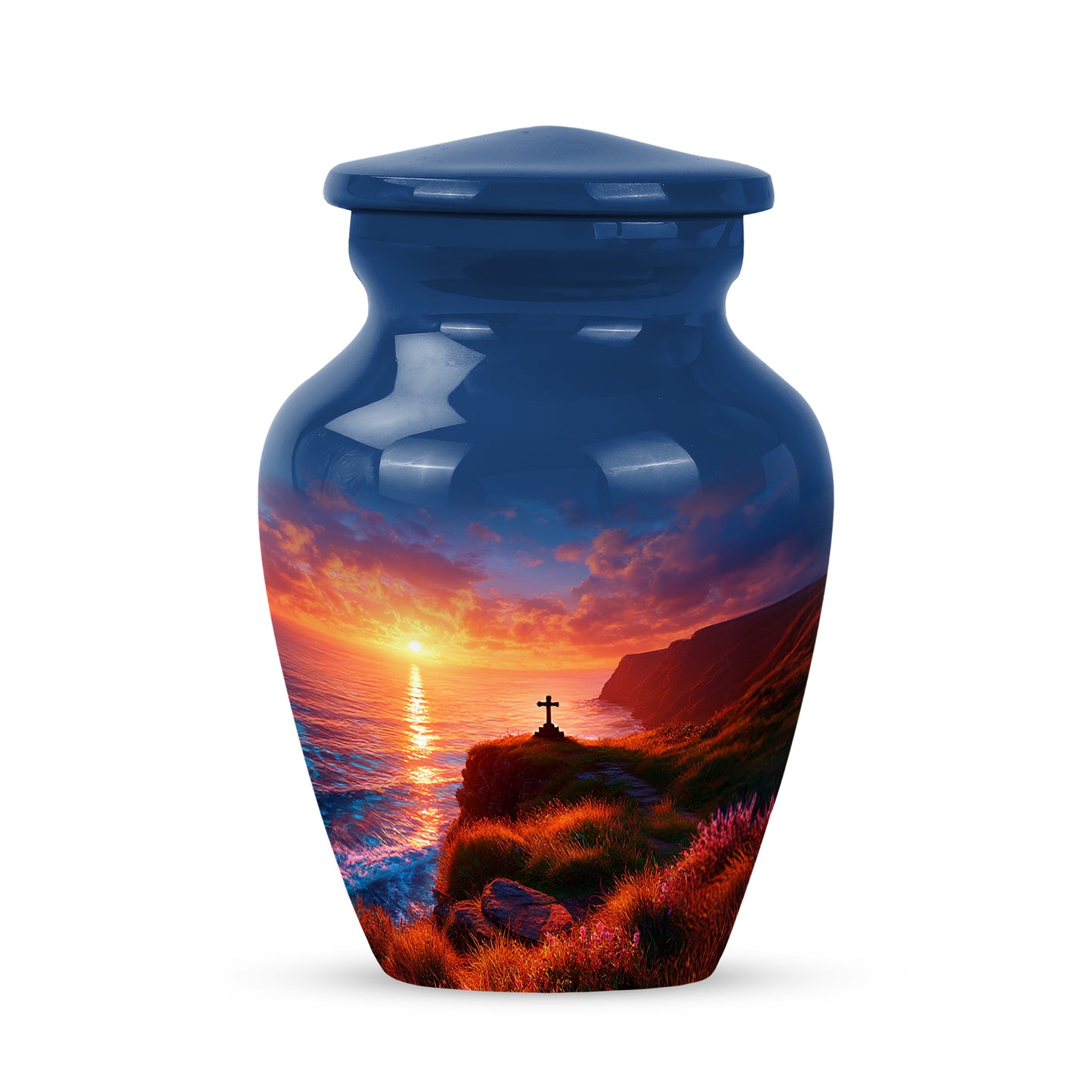 Blue Comforting Cross Memorial Urn for Ashes - 10-inch, 200 cu in - Yatskia