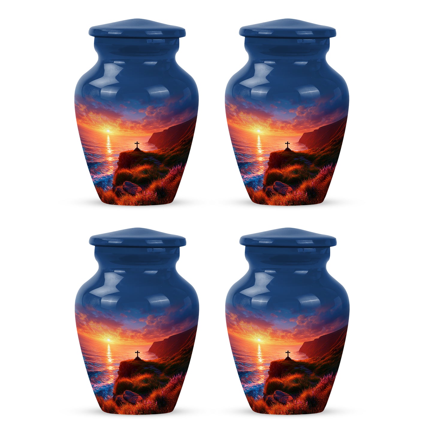 Cobalt Blue Cross Cremation Urn side profile showing urn shape - traditional cross engraving with hand-polished finish - 10 inch aluminum urn for cremated remains