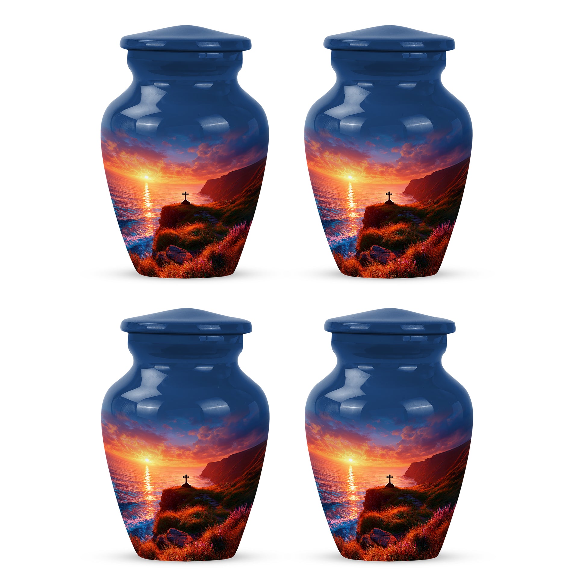 Cobalt Blue Cross Cremation Urn side profile showing urn shape - traditional cross engraving with hand-polished finish - 10 inch aluminum urn for cremated remains