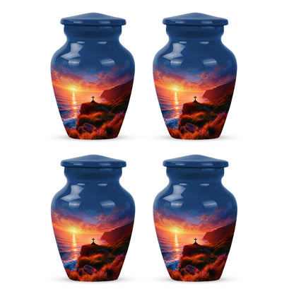 Cobalt Blue Cross Cremation Urn side profile showing urn shape - traditional cross engraving with hand-polished finish - 10 inch aluminum urn for cremated remains