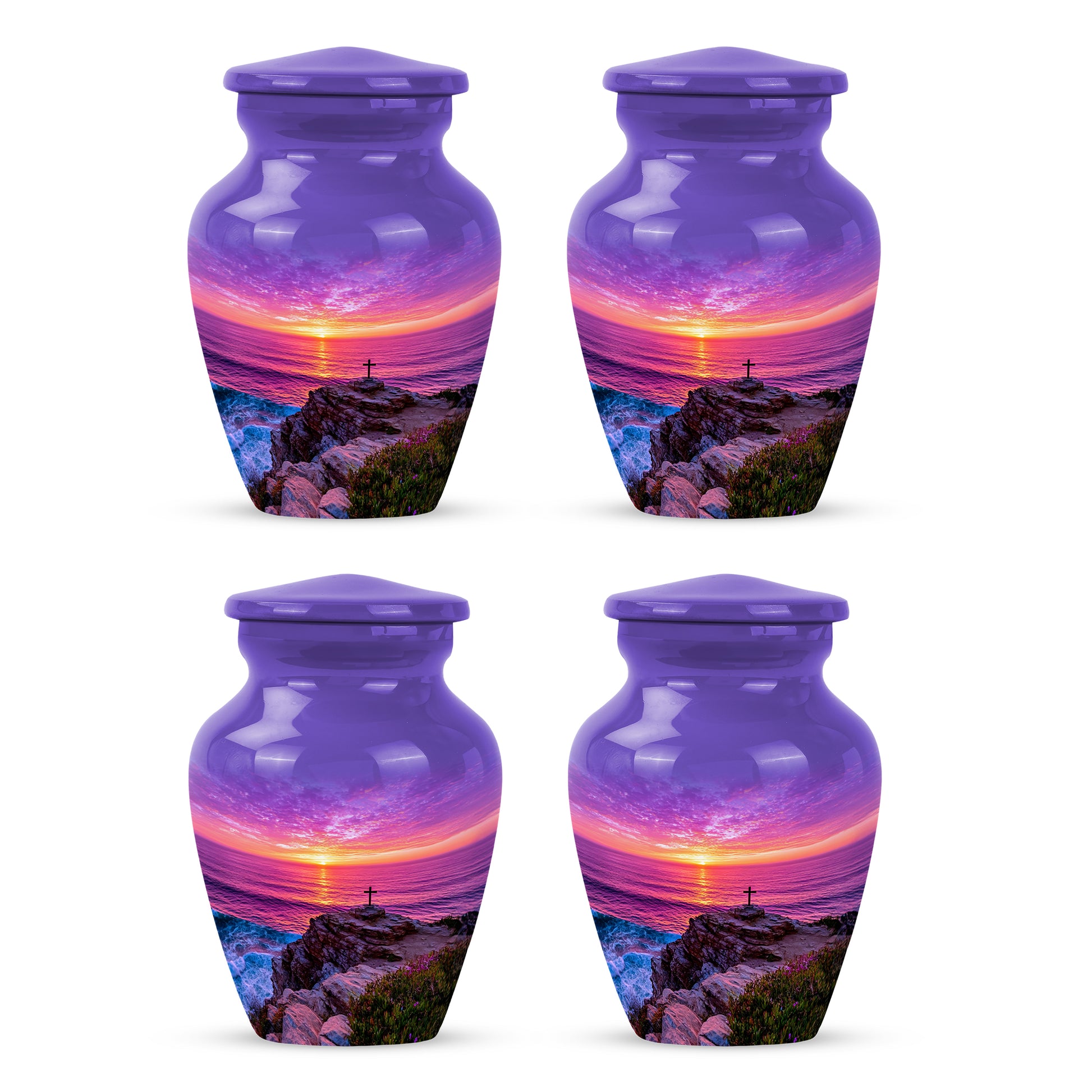 Serene Blue Cross Cremation Urn side profile showing urn shape - elegant classic cross relief with fine detailing - 10 inch aluminum urn for cremated remains