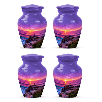 Serene Blue Cross Cremation Urn side profile showing urn shape - elegant classic cross relief with fine detailing - 10 inch aluminum urn for cremated remains
