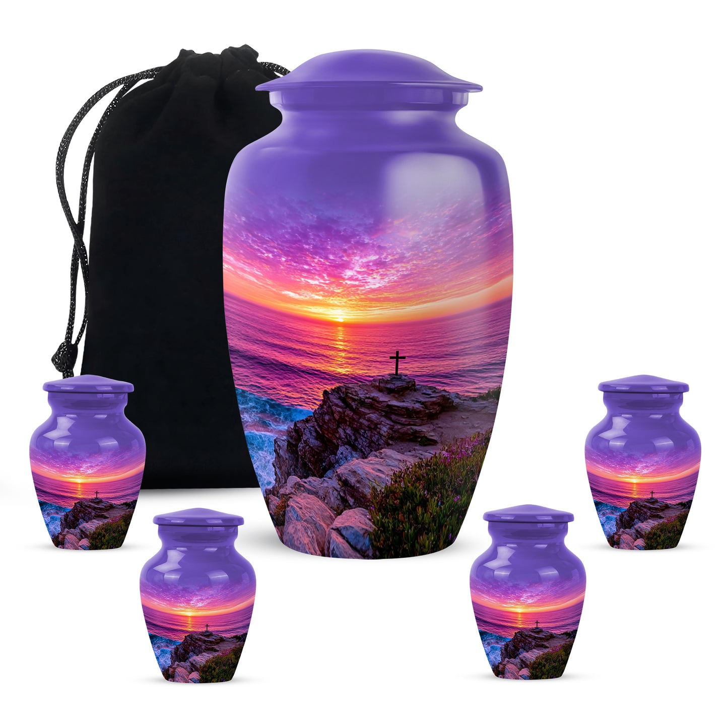 Indigo Cross Cremation Urn top-down view of secure threaded lid - timeless cross motif etched into premium metal - memorial set with one large and four small urns