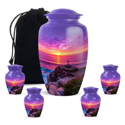 Indigo Cross Cremation Urn top-down view of secure threaded lid - timeless cross motif etched into premium metal - memorial set with one large and four small urns
