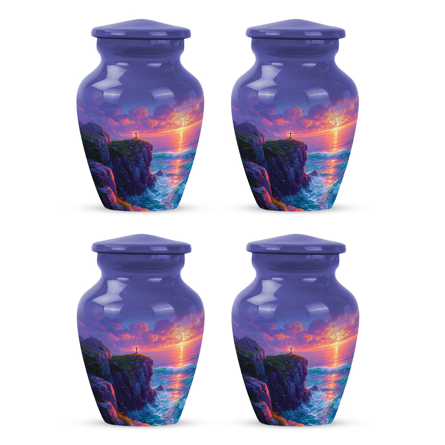 Bright Blue Cross Cremation Urn side profile showing urn shape - traditional cross engraving with hand-polished finish - 10 inch aluminum urn for cremated remains