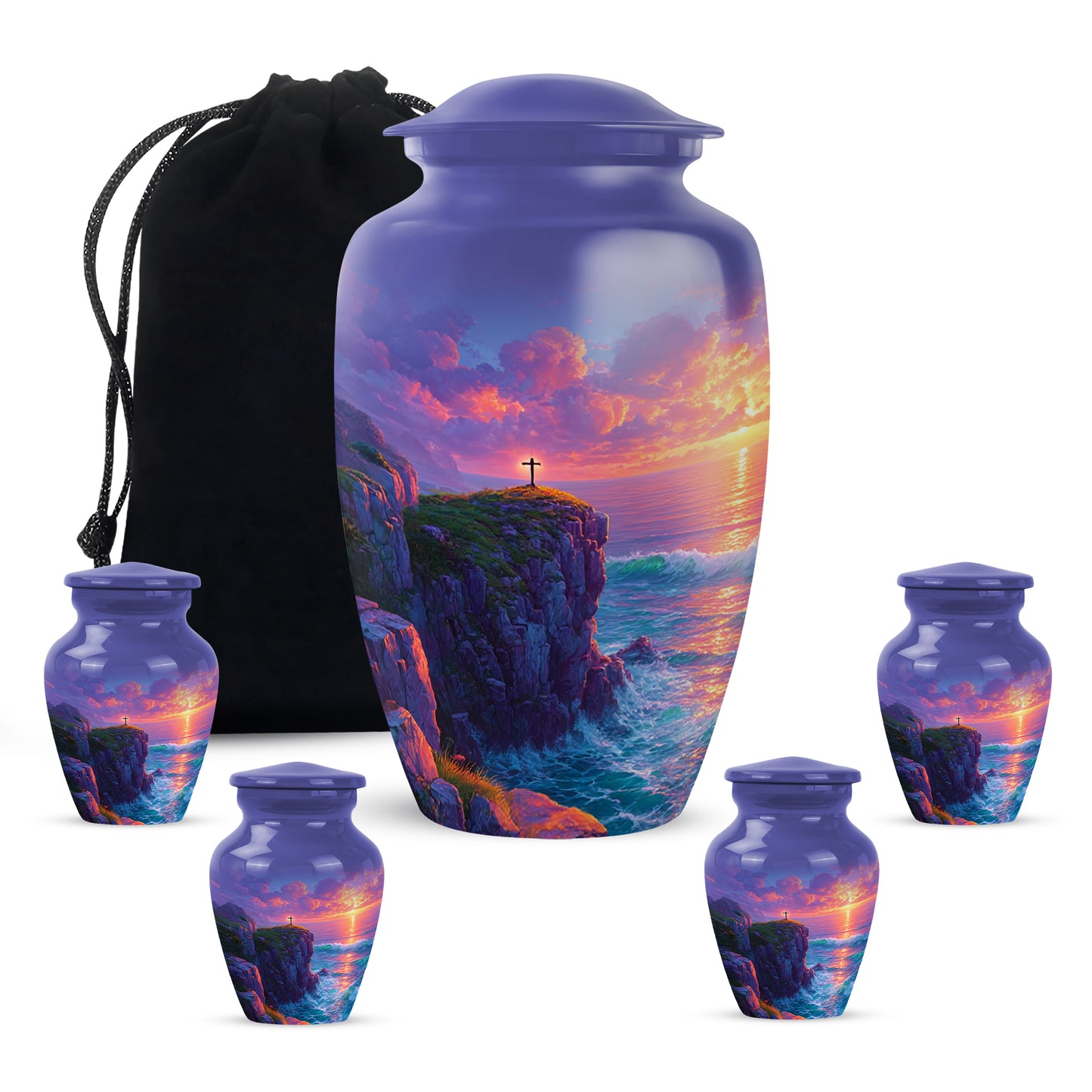 Cornflower Blue Cross Cremation Urn top-down view of secure threaded lid - traditional cross engraving with hand-polished finish - memorial set with one large and four small urns