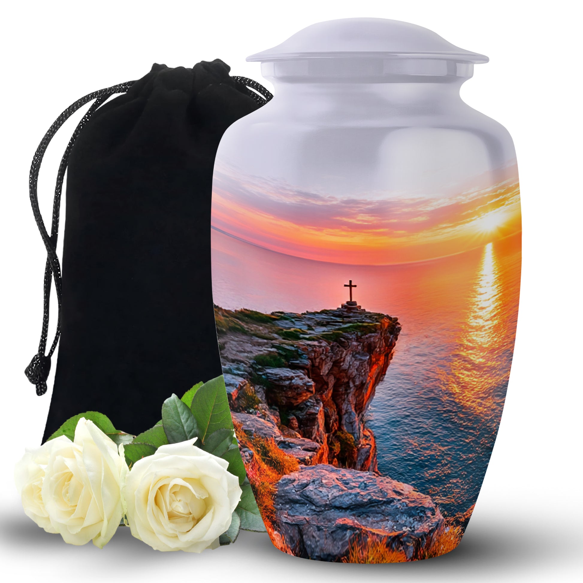 Platinum Silver Cross Cremation Urn angled view of lid and engraved motif - classic sculpted cross pattern on smooth aluminum - full-size 10 inch 200 cubic inch adult cremation urn
