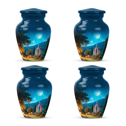 Soft Blue Cross Cremation Urn side profile showing urn shape - traditional cross engraving with hand-polished finish - 10 inch aluminum urn for cremated remains