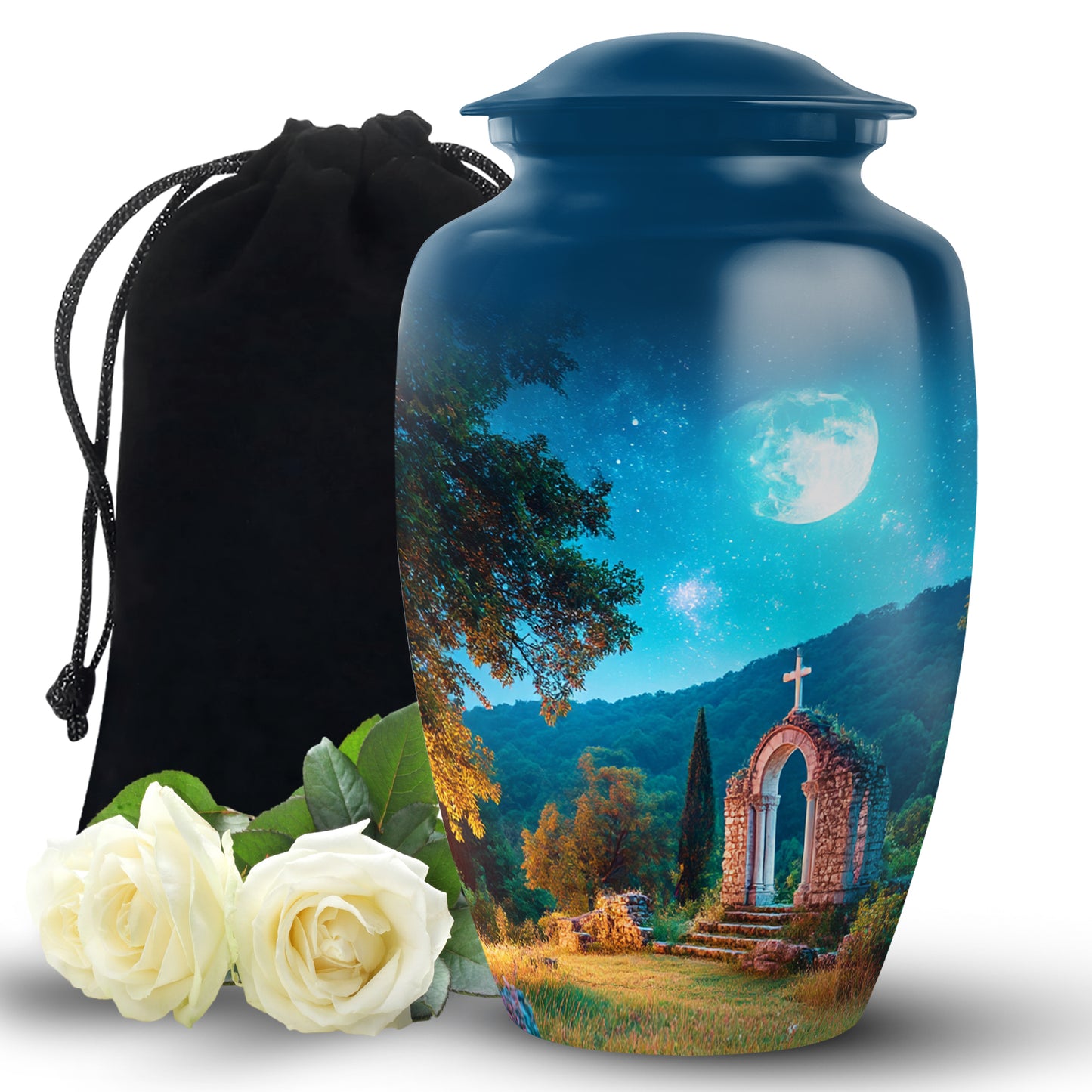 Indigo Cross Cremation Urn angled view of lid and engraved motif - classic sculpted cross pattern on smooth aluminum - full-size 10 inch 200 cubic inch adult cremation urn