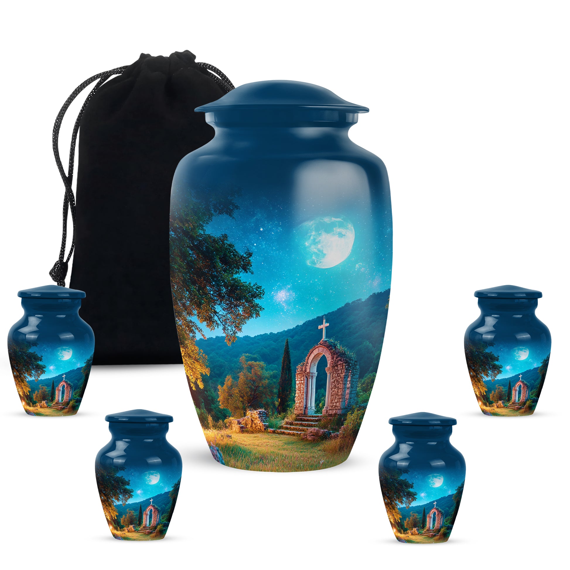 Powder Blue Cross Cremation Urn top-down view of secure threaded lid - timeless cross motif etched into premium metal - memorial set with one large and four small urns