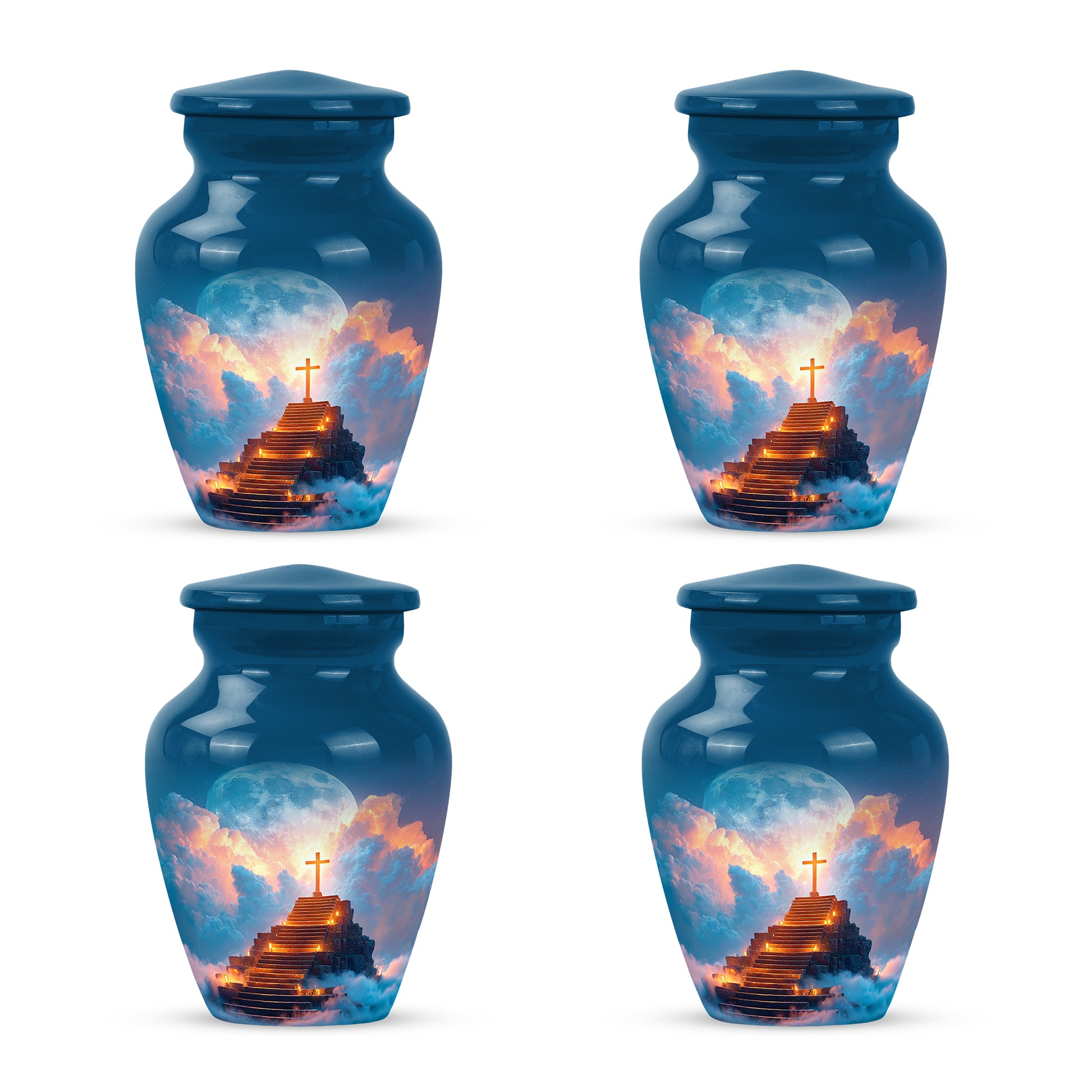 Cobalt Blue Cross Cremation Urn side profile showing urn shape - elegant classic cross relief with fine detailing - 10 inch aluminum urn for cremated remains
