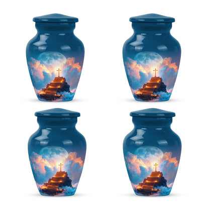 Cobalt Blue Cross Cremation Urn side profile showing urn shape - elegant classic cross relief with fine detailing - 10 inch aluminum urn for cremated remains
