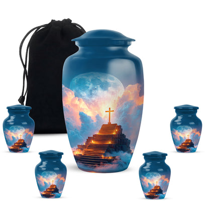 Sapphire Blue Cross Cremation Urn top-down view of secure threaded lid - elegant classic cross relief with fine detailing - memorial set with one large and four small urns