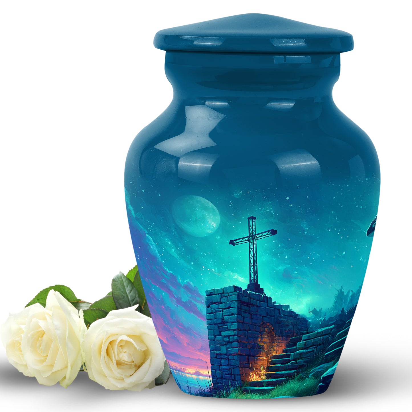 Personalized Blue Steadfast Cross Cremation Urns for Human Ashes - 10-inch, 200 cu in - Yatskia