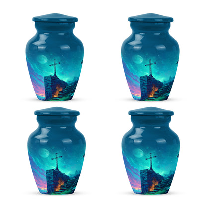 Royal Blue Cross Cremation Urn side profile showing urn shape - elegant classic cross relief with fine detailing - 10 inch aluminum urn for cremated remains