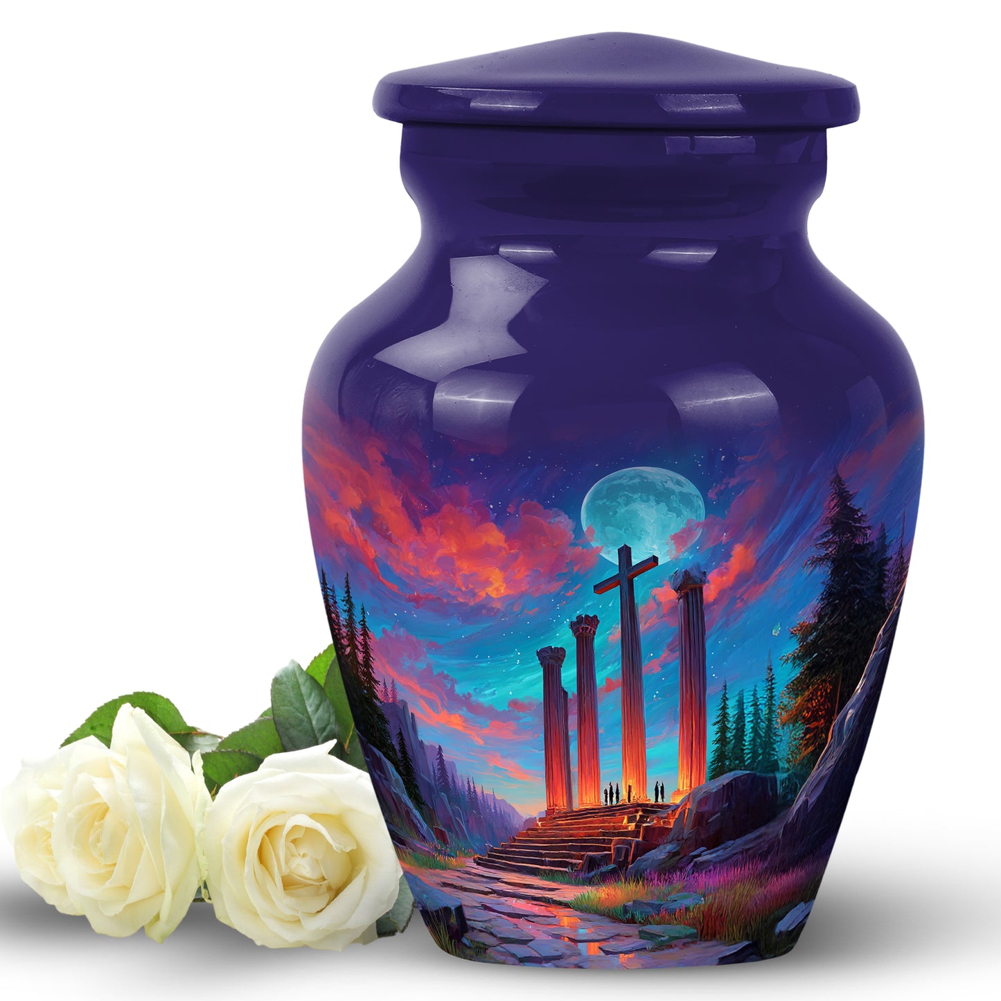 Blue Exquisite Cross Memorial Urn for Ashes - 10-inch, 200 cu in - Yatskia