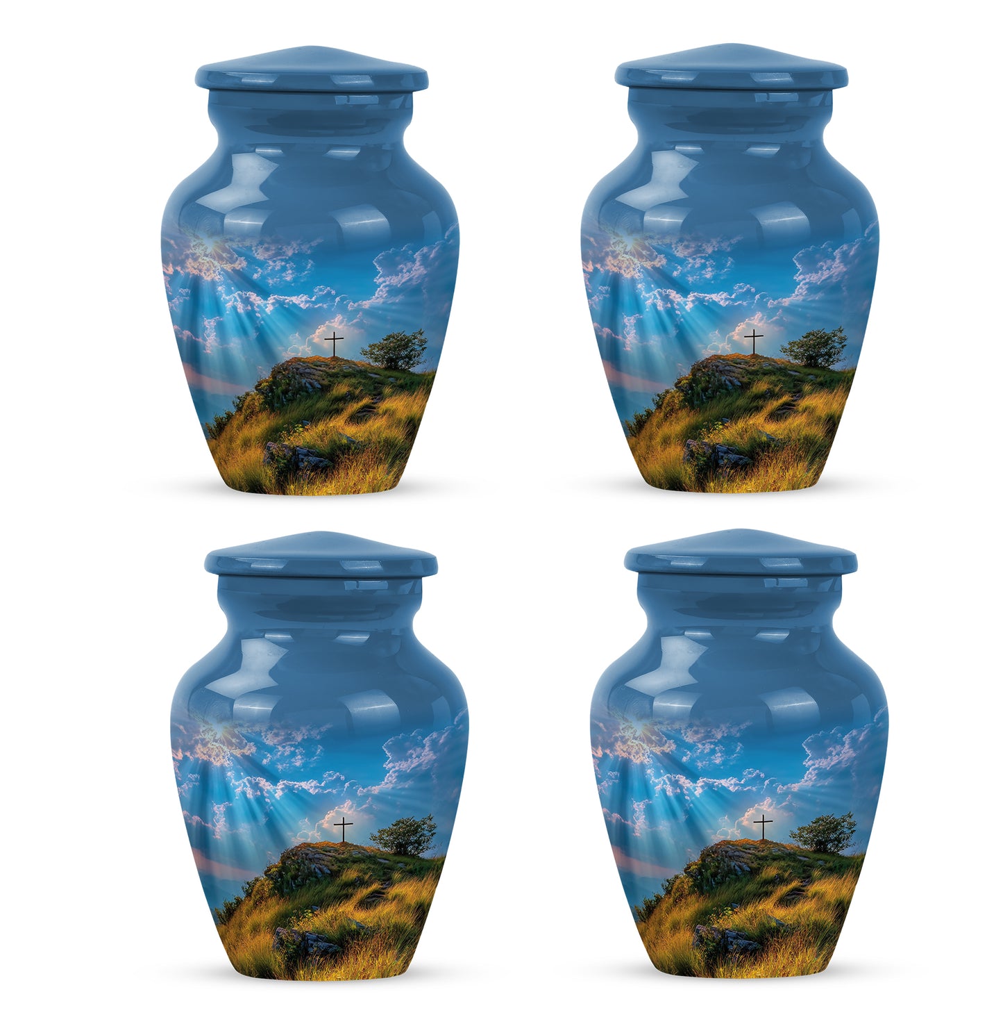 Cobalt Blue Cross Cremation Urn side profile showing urn shape - elegant classic cross relief with fine detailing - 10 inch aluminum urn for cremated remains