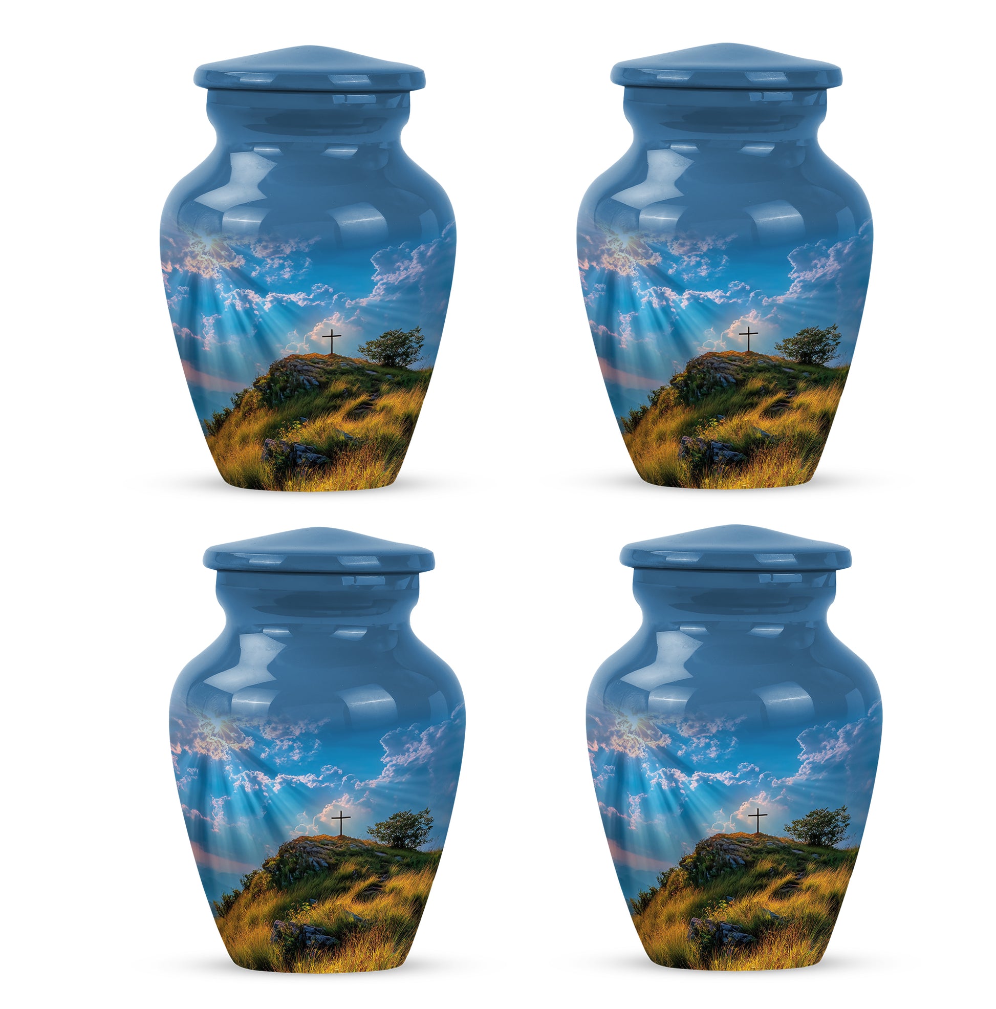 Cobalt Blue Cross Cremation Urn side profile showing urn shape - elegant classic cross relief with fine detailing - 10 inch aluminum urn for cremated remains