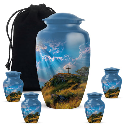 Vivid Blue Cross Cremation Urn top-down view of secure threaded lid - elegant classic cross relief with fine detailing - memorial set with one large and four small urns