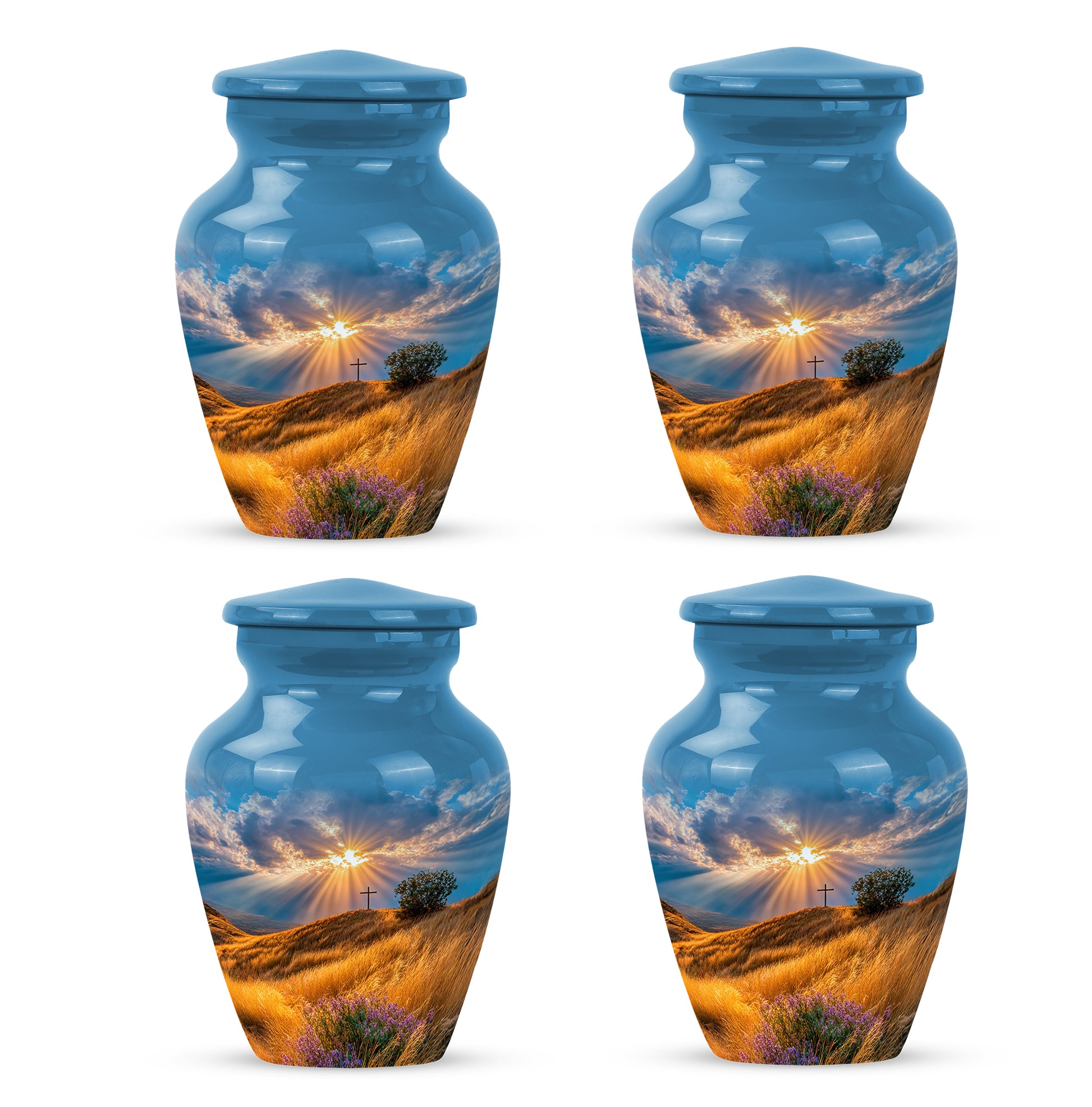 Navy Blue Cross Cremation Urn side profile showing urn shape - timeless cross motif etched into premium metal - 10 inch aluminum urn for cremated remains