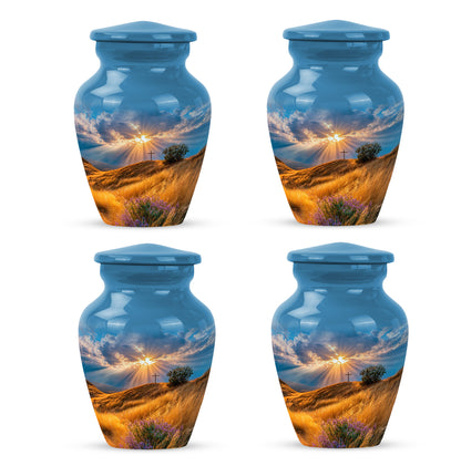 Navy Blue Cross Cremation Urn side profile showing urn shape - timeless cross motif etched into premium metal - 10 inch aluminum urn for cremated remains