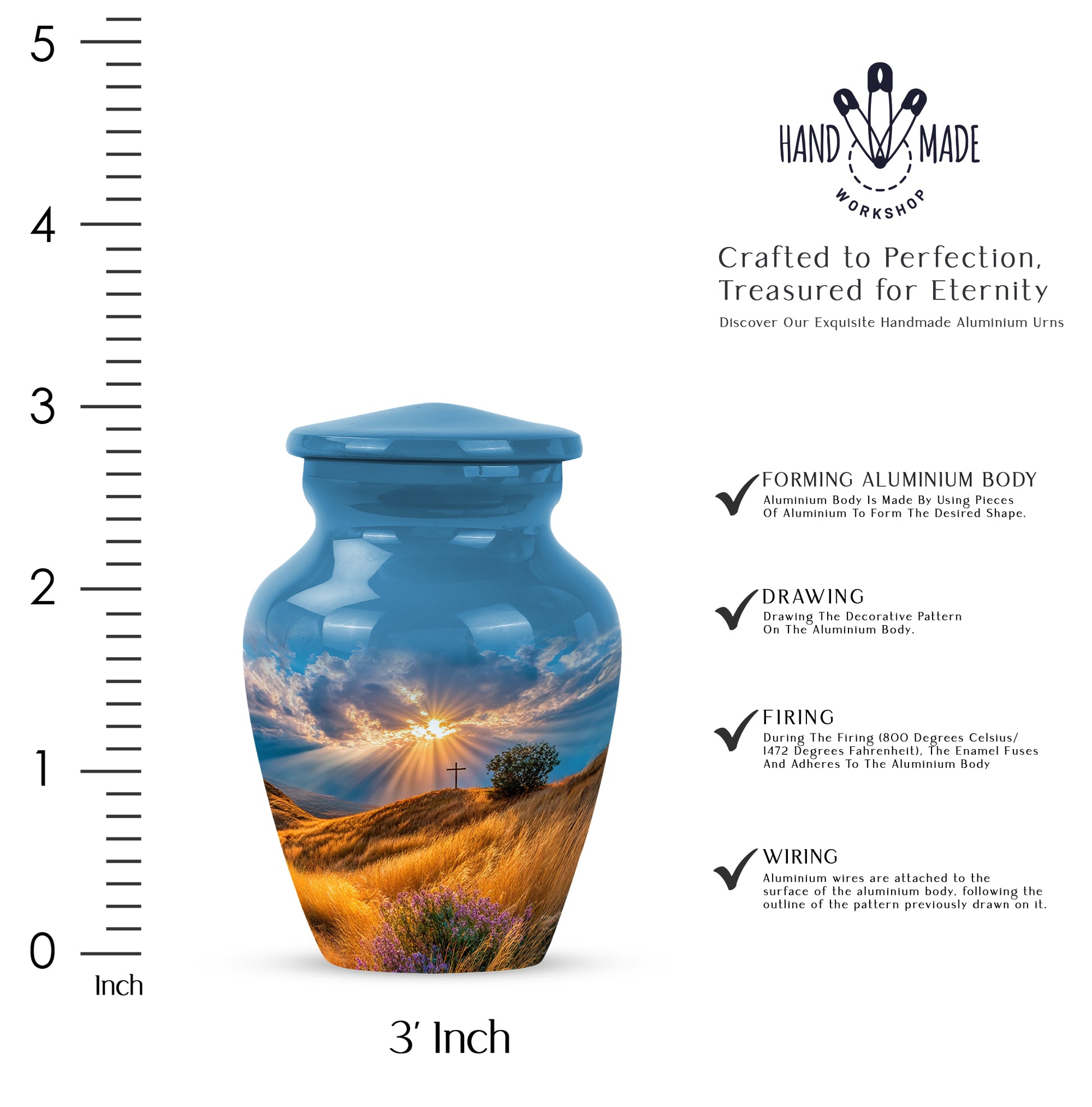 Powder Blue Cross Cremation Urn close-up of engraving and surface detail - timeless cross motif etched into premium metal - mini keepsake memorial for portion of cremation ashes