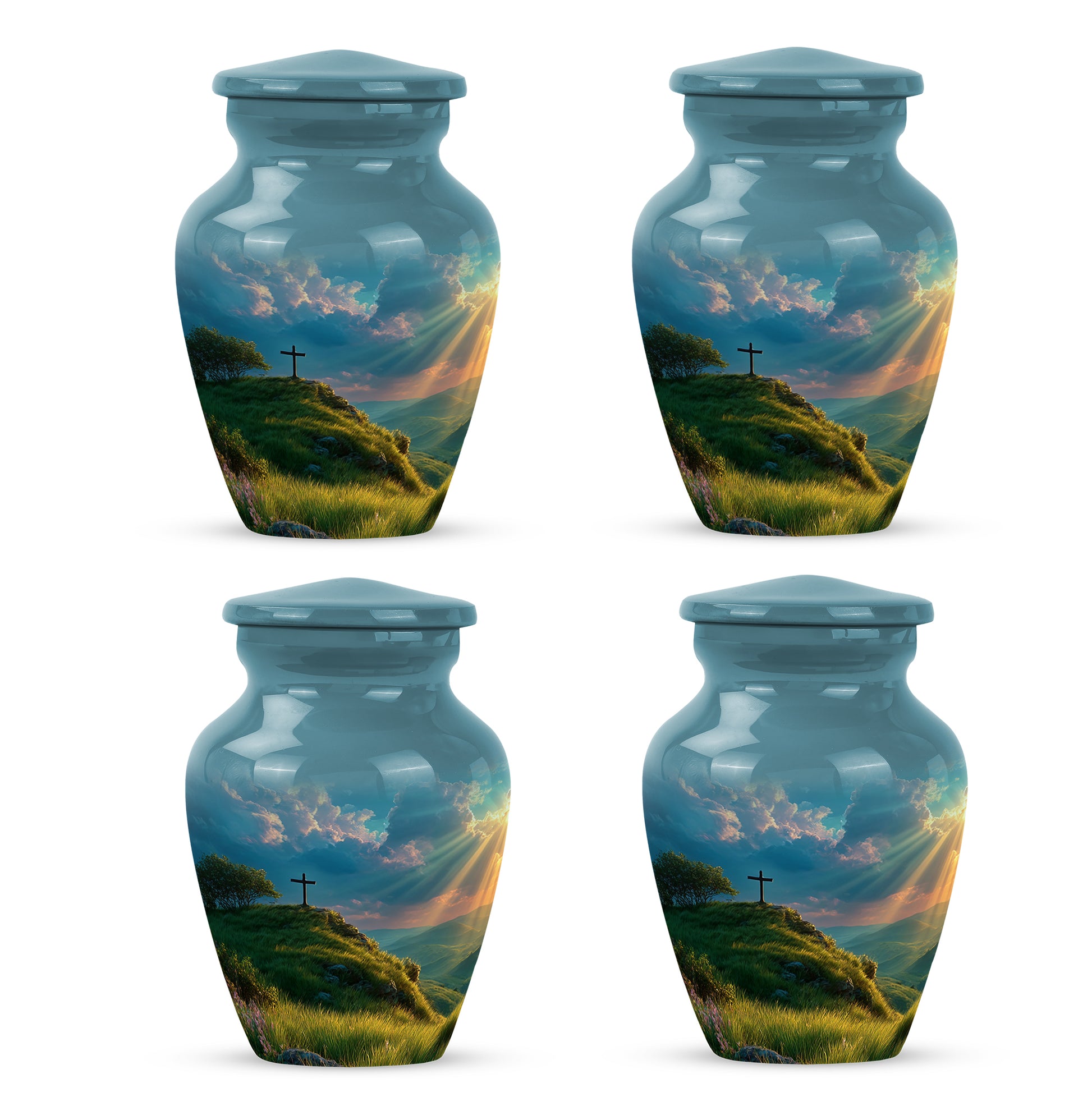 Tropical Teal Cross Cremation Urn side profile showing urn shape - elegant classic cross relief with fine detailing - 10 inch aluminum urn for cremated remains