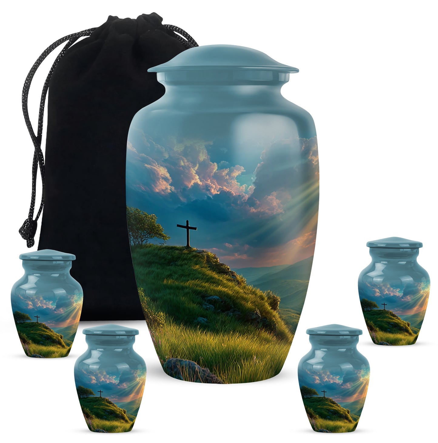 Tropical Teal Cross Cremation Urn top-down view of secure threaded lid - elegant classic cross relief with fine detailing - memorial set with one large and four small urns