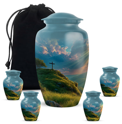 Tropical Teal Cross Cremation Urn top-down view of secure threaded lid - elegant classic cross relief with fine detailing - memorial set with one large and four small urns