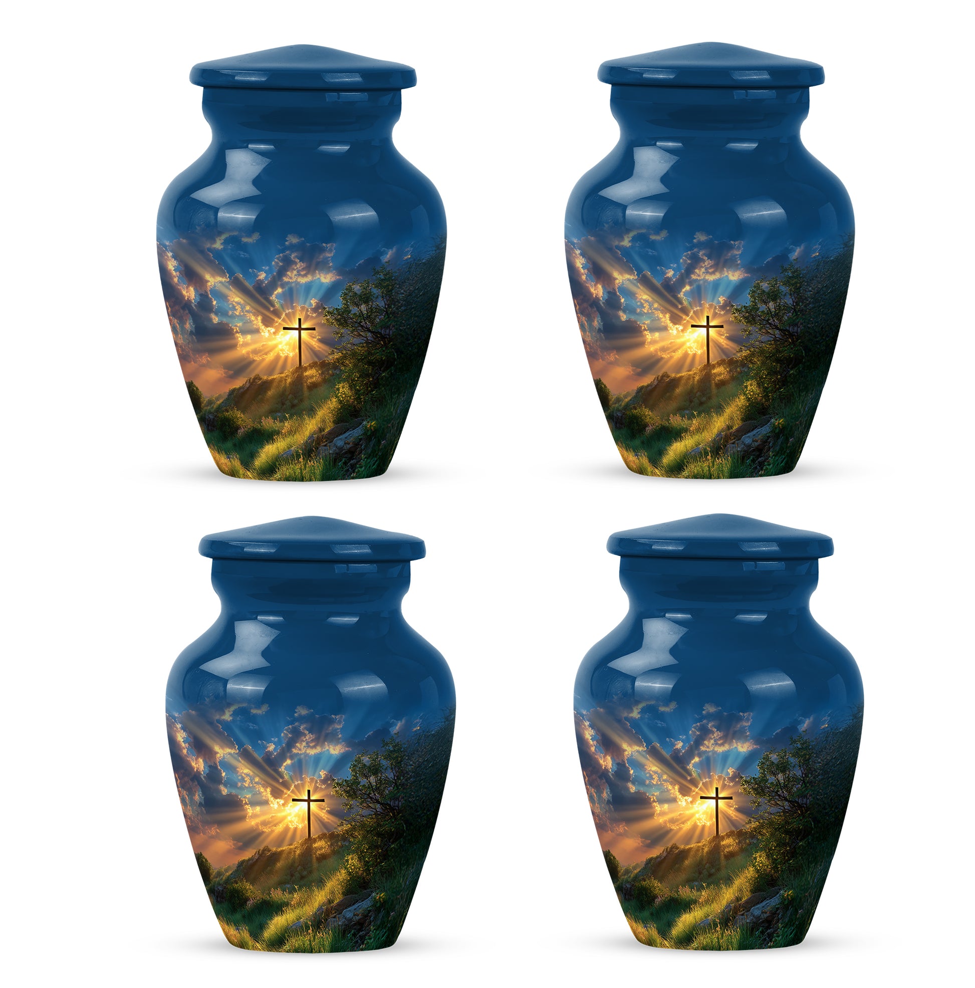 Cobalt Blue Cross Cremation Urn side profile showing urn shape - elegant classic cross relief with fine detailing - 10 inch aluminum urn for cremated remains