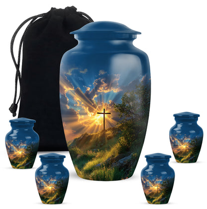 Cornflower Blue Cross Cremation Urn top-down view of secure threaded lid - traditional cross engraving with hand-polished finish - memorial set with one large and four small urns