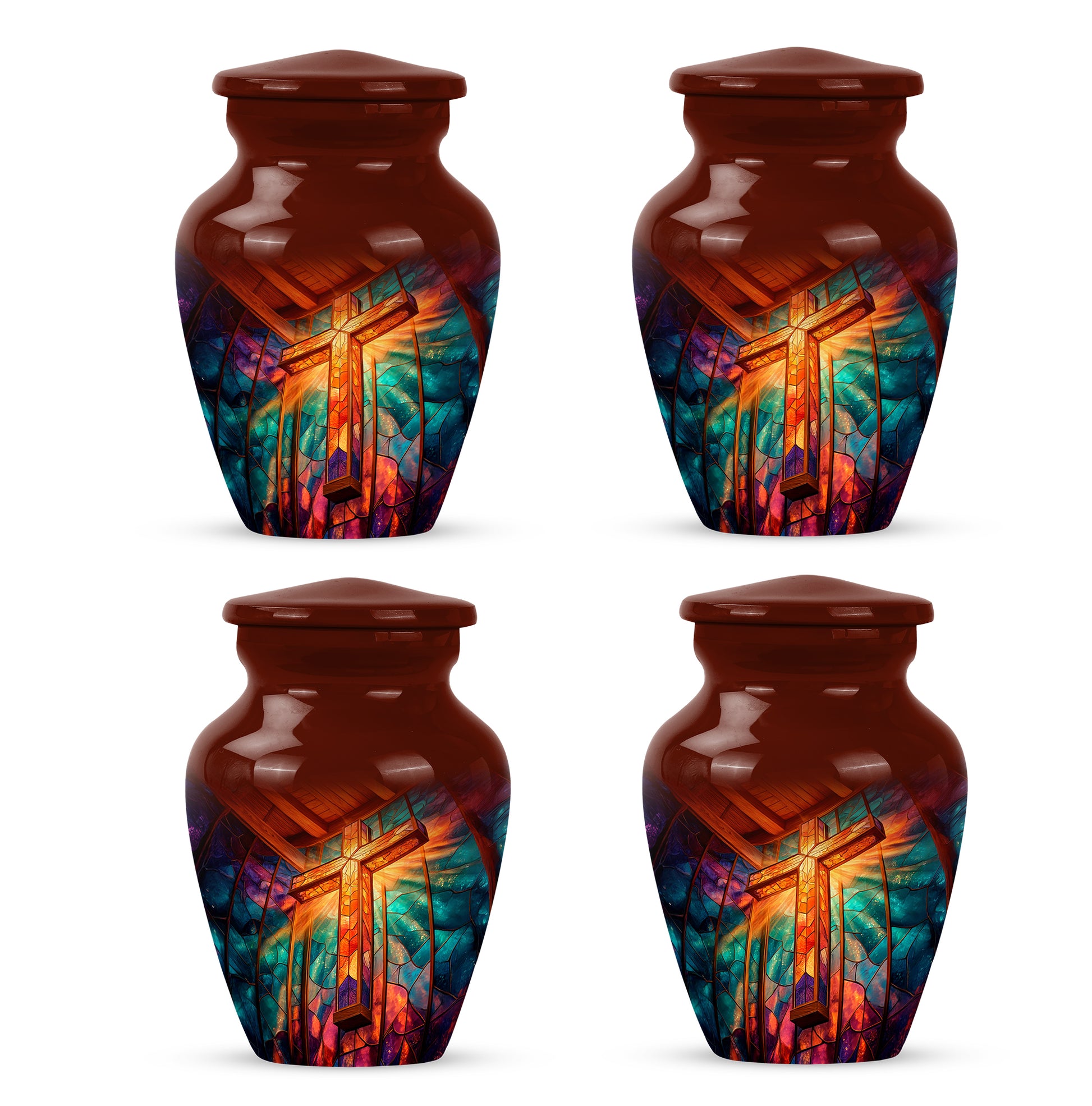 Ruby Red Cross Cremation Urn side profile showing urn shape - elegant classic cross relief with fine detailing - 10 inch aluminum urn for cremated remains