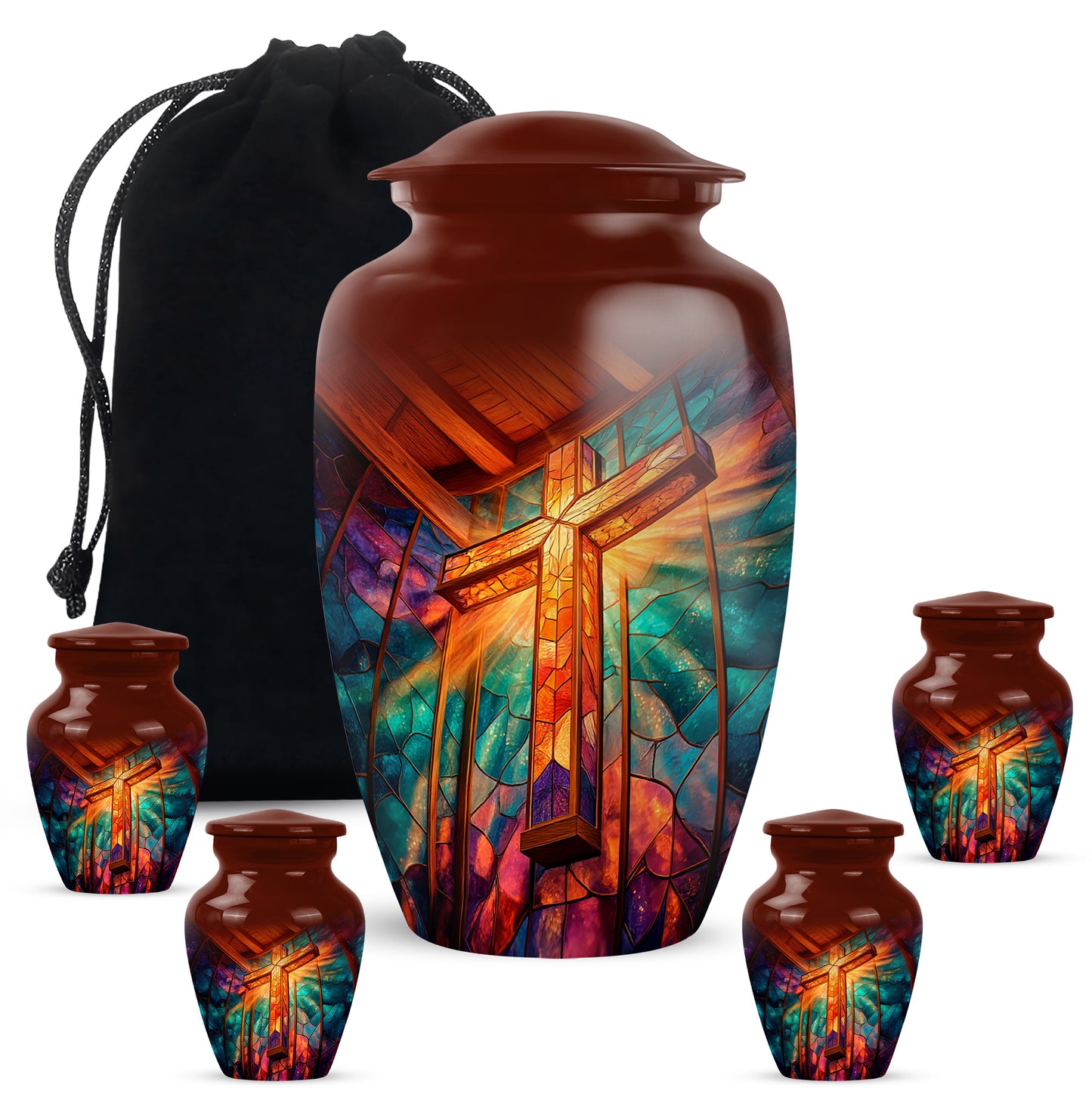 Wine Red Cross Cremation Urn top-down view of secure threaded lid - timeless cross motif etched into premium metal - memorial set with one large and four small urns